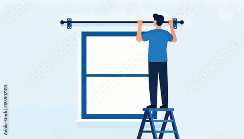 Person on ladder installs curtain rod above window