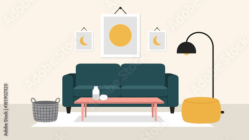 Cozy Living Room Interior with Teal Sofa, Coffee Table, and Artwork