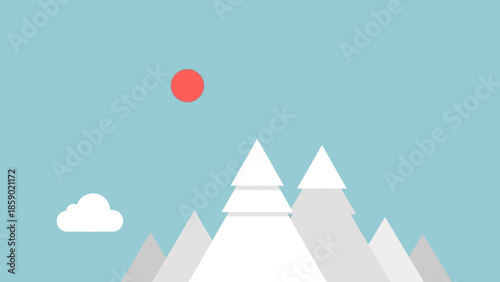 Minimalist Vector Illustration of a Bright Sunny Day Over Snow-Capped Mountains and a Single Fluffy Cloud