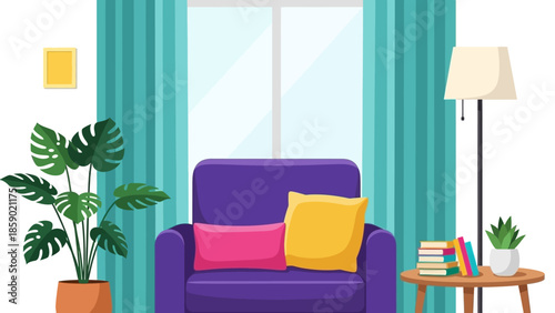 Cozy living room interior with a comfortable armchair, plants, and a floor lamp, creating a welcoming ambiance for relaxation and reading