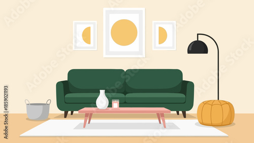 Cozy living room with green sofa, coffee table, and decorative artwork