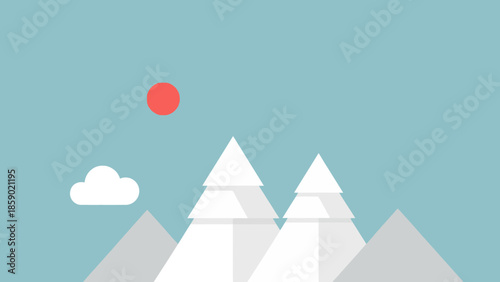 Minimalist winter landscape illustration featuring snow-capped mountains under a blue sky with a red sun and a fluffy white cloud