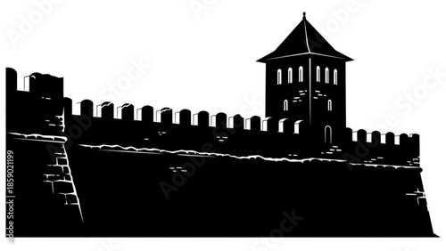 A black silhouette of a chinese watchtower and wall on a with a traditional roof and battlements