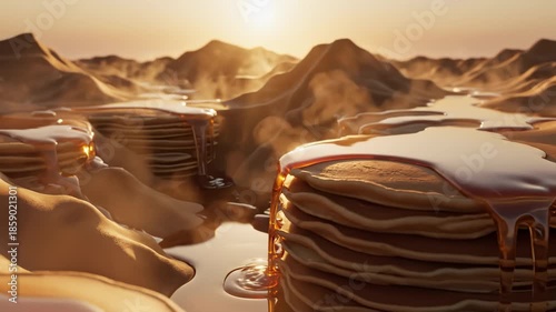 Pancakes Stacked High With Syrup Pouring in Desert Landscape Sunrise