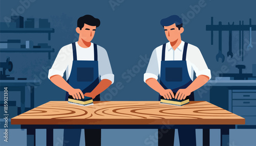 Two men in aprons sand a wooden surface in a workshop