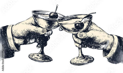 Zwei Hände stoßen mit Cocktails an, illustriert im Vintage-Stil mit Kirschen garniert.