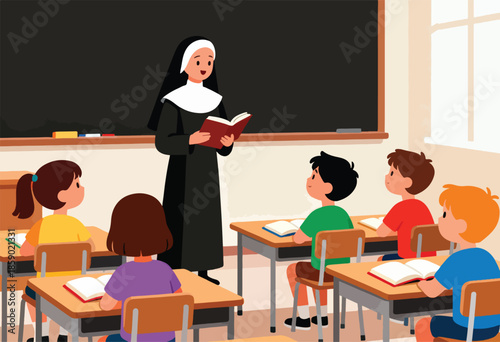 Nun teacher reads book to attentive students at wooden desks in a classroom