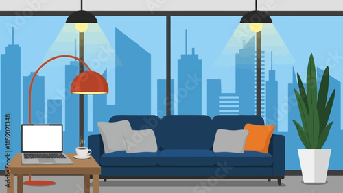 Cozy modern living room with large window overlooking cityscape, featuring a comfortable sofa, desk with laptop, and indoor plant