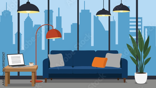 Modern Blue Couch and Lamp in Contemporary Office Space with Cityscape View