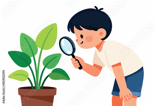 Curious boy inspects a potted plant with a magnifying glass
