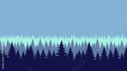 Vast expanse of dark blue and light blue pine trees in a serene, minimalistic forest landscape silhouette under a clear sky
