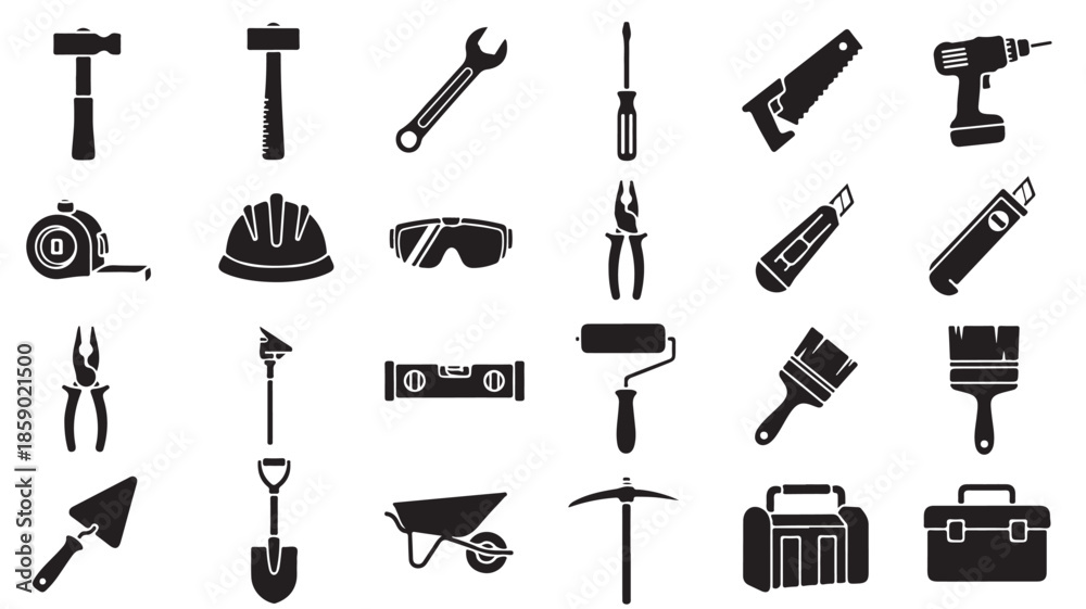Obraz premium Construction Tools Icons Set in Simple Monochrome Style with Black Silhouettes on White Background for Graphic Design