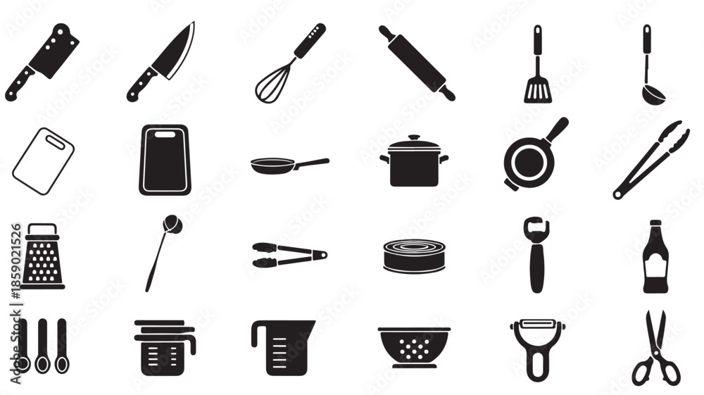 Obraz premium Kitchen Utensils and Tools Set in Simple Black Silhouette on White Background for Graphic Design