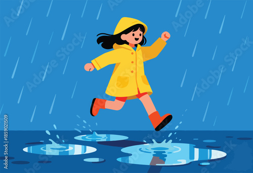 A child in a yellow raincoat joyfully jumps in puddles during a rain shower