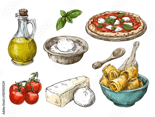 Frische Zutaten für Pizza und Pasta, handgezeichnet auf transparentem Hintergrund