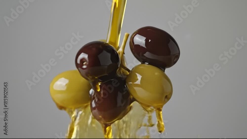 Pouring Olive Oil Over Green and Brown Olives in a Close Up Shot
