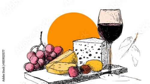 Frische Trauben, Käse und Rotwein auf einem Brett mit einem Sonnensymbol im Hintergrund, transparent