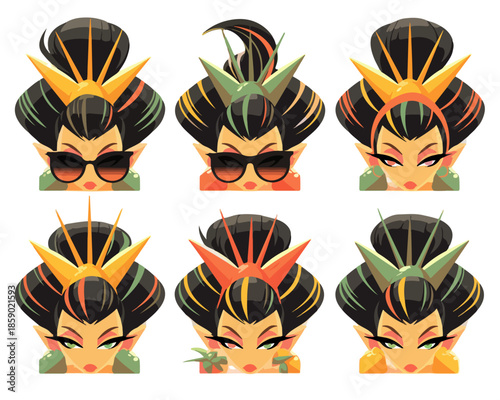 Sechs stilisierte weibliche Porträts mit verschiedenen Frisuren, Make-up und Accessoires, transparent