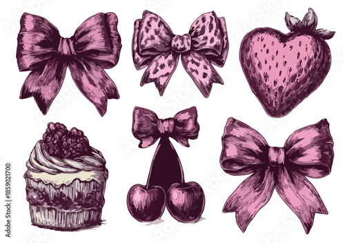 Handgezeichnete Schleifen, Erdbeere und Cupcake mit Beeren auf transparentem Hintergrund