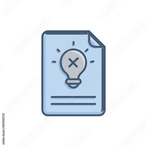 Vektor-Illustration einer blauen Dokumentseite mit einer durchgestrichenen Glühbirne, die eine schlechte Idee symbolisiert.
