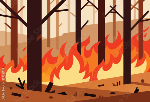 A stylized forest fire burns intensely, with dark trees and orange flames