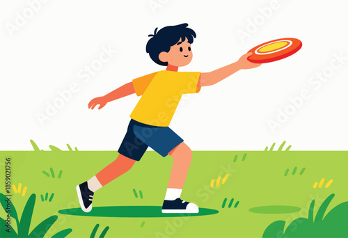 Young boy in yellow shirt and blue shorts throwing a frisbee in a park