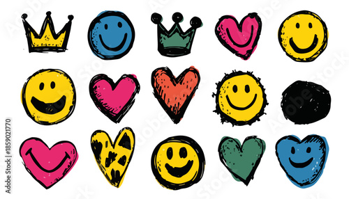 Bunte, handgezeichnete Symbole wie Kronen, Smileys und Herzen auf transparentem Hintergrund.