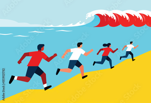 People running from large wave on beach
