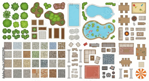 Collection of various garden and patio decorative elements