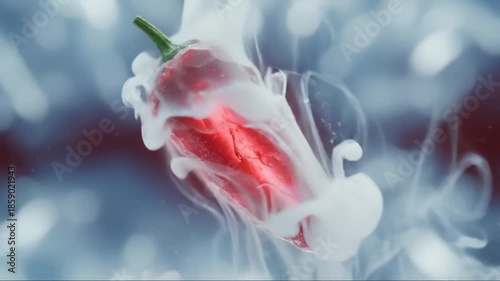 Red Chili Pepper Freezing Under Frosty Ice With Cold Smoke Effect