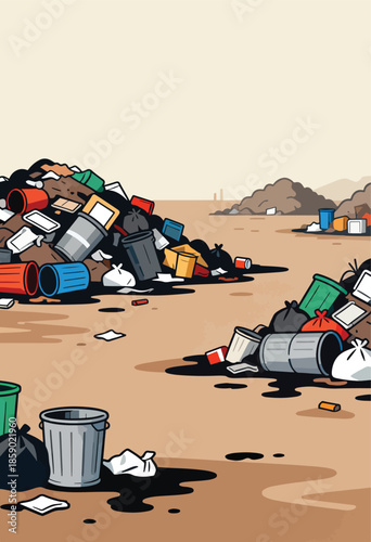 Piles of trash, scattered debris, and spilled liquids litter a desolate wasteland