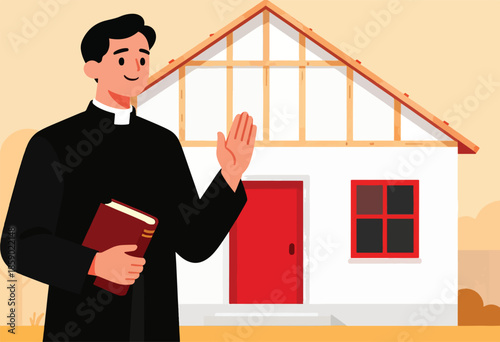 Clergy member with book blesses an unfinished house under construction
