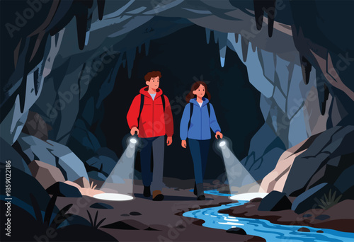 Two adventurers with flashlights explore a dark, rocky cave with a flowing stream