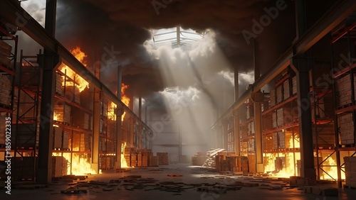Futuristic industrial complex engulfed in flames, with smoke and light rays piercing through the darkened sky, illustrating a photorealistic metaphorical scene of destruction and chaos