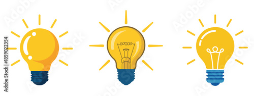 Yellow Light Bulbs with Sun Rays on White Background