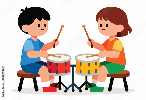 Two children play drums together, creating music