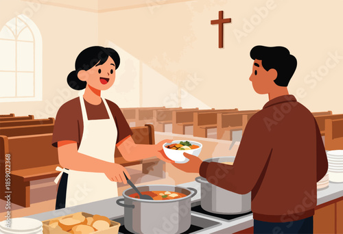 Friendly volunteer serves a warm meal to a person inside a community hall