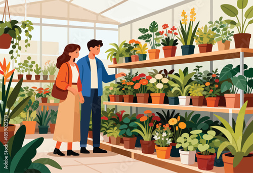 Couple browsing colorful potted plants in a sunlit greenhouse