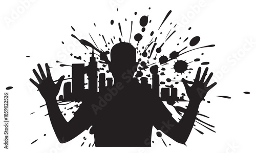 Frustrated Man Silhouette with Cityscape Explosion