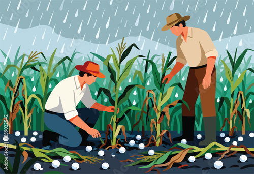 Farmers inspect hail-damaged corn crop under heavy rain