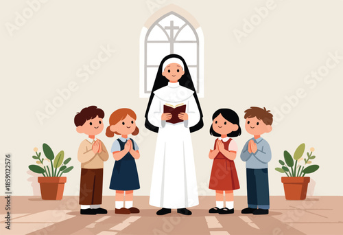 Nun leading children in prayer before a cross-shaped window