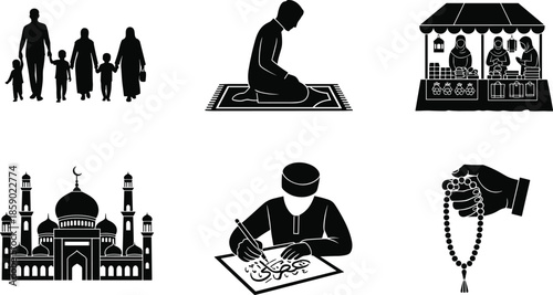 Islamic, religion, culture, icon, set, Ramadan, Kareem, mosque, prayer, Muslim, family, calligraphy, prayer, beads, bazaar, vector, illustration, black, silhouette, 