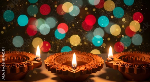 Glowing Diwali Diyas with Festive Bokeh Lights Traditional Indian Celebration