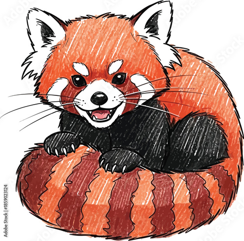 Adorable red panda cub drawing resting on its striped bushy tail