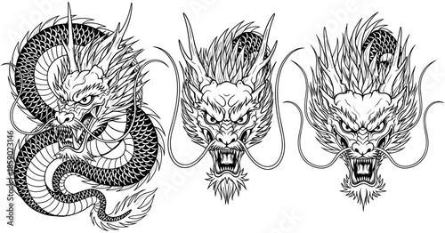 Traditional Japanese dragon heads and full body vector set, fierce oriental mythical creature line art for tattoo design and culture