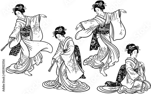 Traditional Japanese Geisha women dancing in kimono with folding fans, vintage woodblock style vector illustration for cultural design and Asian heritage