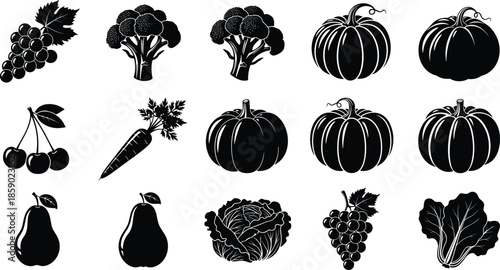 Organic, fresh, vegetable, fruit, icon, set, broccoli, pumpkin, grape, cherry, carrot, pear, cabbage, lettuce, vector, illustration, black, silhouette, isolated, white, background, harvest, garden,