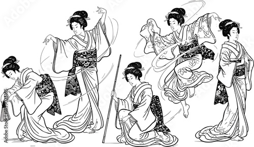 Traditional Japanese geisha and maiko performers in various dancing poses wearing ornate kimonos, detailed black and white line art illustration