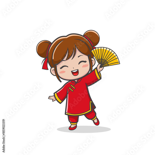 Cute illustration of an Asian female chibi character wearing traditional Chinese clothing celebrating Chinese New Year. 