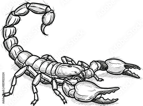 Detailed black and white sketch of a menacing scorpion ready to strike its prey